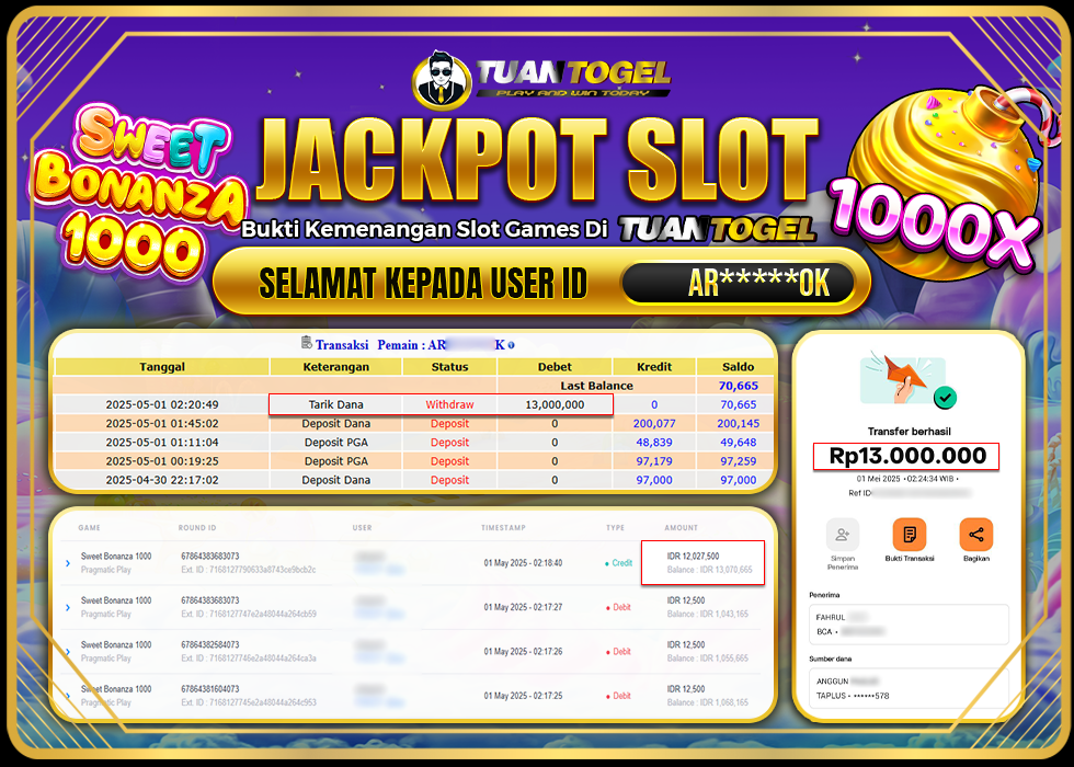 TUANTOGEL JACKPOT SLOT SWEET BONANZA 1000 Rp13.000.000